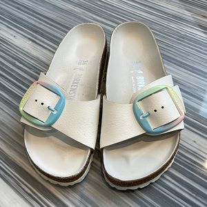 Birkenstock Madrid Big Buckle Natural Leather White w/Ombré Pastel Buckle